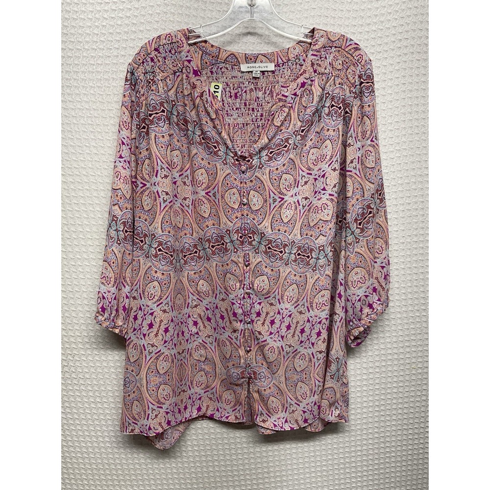 Rose + Olive Tunic Top Women 2X Pink Paisley V Neck Boho Smocked Back Button Up